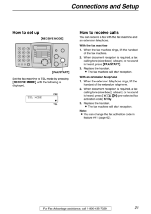 Page 21Connections and Setup
21For Fax Advantage assistance, call 1-800-435-7329.
How to set up
Set the fax machine to TEL mode by pressing 
{RECEIVE MODE} until the following is 
displayed.
How to receive calls
You can receive a fax with the fax machine and 
an extension telephone.
With the fax machine
1.When the fax machine rings, lift the handset 
of the fax machine.
2.When document reception is required, a fax 
calling tone (slow beep) is heard, or no sound 
is heard, press {FA X / S TA R T}.
3.Replace the...