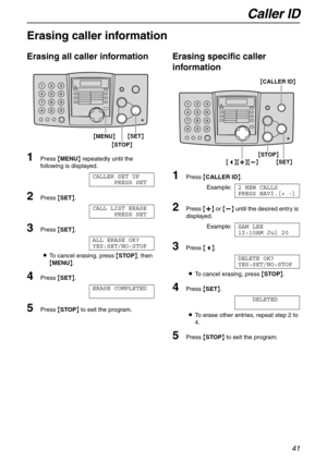 Page 41Caller ID
41
Erasing caller information
Erasing all caller information
1Press {MENU} repeatedly until the 
following is displayed.
CALLER SET UP
PRESS SET
2Press {SET}.
CALL LIST ERASE
PRESS SET
3Press {SET}.
ALL ERASE OK?
YES:SET/NO:STOP
LTo cancel erasing, press {STOP}, then 
{MENU}.
4Press {SET}.
ERASE COMPLETED
5Press {STOP} to exit the program.
Erasing specific caller 
information
1Press {CALLER ID}.
Example:2 NEW CALLS
PRESS NAVI.[+ -]
2Press {+} or {-} until the desired entry is 
displayed....