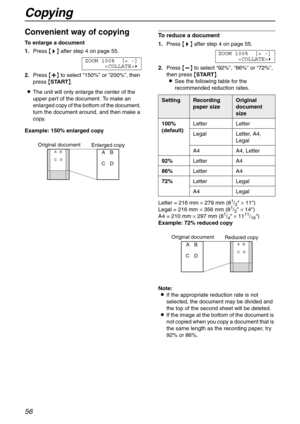 Page 56Copying
56
Convenient way of copying
To enlarge a document 
1.Press {>} after step 4 on page 55.
ZOOM 100% [+ -]
)
2.Press {+} to select “150%” or “200%”, then 
press {START}.
LThe unit will only enlarge the center of the 
upper part of the document. To make an 
enlarged copy of the bottom of the document, 
turn the document around, and then make a 
copy.
Example: 150% enlarged copy
To reduce a document 
1.Press {>} after step 4 on page 55.
ZOOM 100% [+ -]
)
2.Press {-} to select “92%”, “86%” or “72%”,...