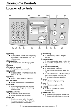 Page 8Finding the Controls
8For Fax Advantage assistance, call 1-800-435-7329.
Finding the Controls
Location of controls
A{TONE}
LTo change from pulse to tone temporarily 
during dialing when your line has rotary 
pulse services.
B{CALLER IQ}
LTo use the Caller IQ feature (page 80).
CDisplay
D{RECEIVE MODE}
LTo change the receiving mode.
E{LOWER}
LTo select stations 6–10 for one-touch dial 
(page 34, 38, 46).
F{HELP}
LTo print a quick reference (page 28).
G{CALLER ID}
LTo use Caller ID service (page 40, 42)....