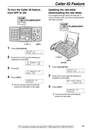 Page 81Caller IQ Feature
81For assistance, please call openLCR: 1-866-openLCR (1-866-673-6527)
To turn the Caller IQ feature 
from OFF to ON 
1Press {CALLER IQ}.
CALLER IQ
PRESS NAVI.[( )]
2Press {} until the following is 
displayed or press {0}.
TO ENABLE LCR
PRESS “1”, SET
3Press {1}.
TO ENABLE LCR
PRESS SET
4Press {SET}.
DOWNLOAD IN
PROCESS.
LThe fax machine will automatically 
receive the rate table on this page.
Updating the rate table 
(downloading the rate table)
If you register through openLCR web site...