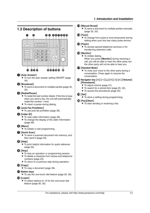 Page 111. Introduction and Installation
11
For assistance, please visit http://www.panasonic.com/help
Finding the Controls
1.3 Description of buttons
A{Auto Answer}
LTo turn the auto answer setting ON/OFF (page 
34).
B{Broadcast}
LTo send a document to multiple parties (page 32, 
33).
C{Redial/Pause}
LTo redial the last number dialed. If the line is busy 
when you send a fax, the unit will automatically 
redial the number 1 time.
LTo insert a pause during dialing.
D{Junk Fax Prohibitor}
LTo use junk fax...