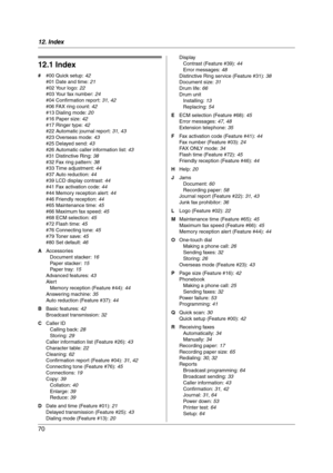 Page 7012. Index
70
12.  Index
12.1 Index
# #00 Quick setup: 42
#01 Date and time: 21
#02 Your logo: 22
#03 Your fax number: 24
#04 Confirmation report: 31, 42
#06 FAX ring count: 42
#13 Dialing mode: 20
#16 Paper size: 42
#17 Ringer type: 42
#22 Automatic journal report: 31, 43
#23 Overseas mode: 43
#25 Delayed send: 43
#26 Automatic caller information list: 43
#31 Distinctive Ring: 38
#32 Fax ring pattern: 38
#33 Time adjustment: 44
#37 Auto reduction: 44
#39 LCD display contrast: 44
#41 Fax activation code:...