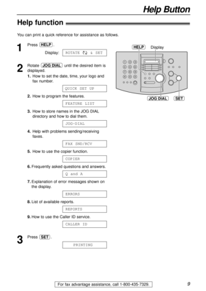 Page 99
Help Button
For fax advantage assistance, call 1-800-435-7329.
Help function!
1
Press .
Display:
2
Rotate until the desired item is
displayed.
1.How to set the date, time, your logo and
fax number.
2.How to program the features.
3.How to store names in the JOG DIAL
directory and how to dial them.
4.Help with problems sending/receiving
faxes.
5.How to use the copier function.
6.Frequently asked questions and answers.
7.Explanation of error messages shown on
the display.
8.List of available reports....