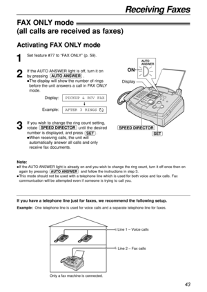 Page 4343
Receiving Faxes
SET
Display
ON
SPEED DIRECTOR
If you have a telephone line just for faxes, we recommend the following setup.
Example:One telephone line is used for voice calls and a separate telephone line for faxes. 
FAX ONLY mode!
(all calls are received as faxes)
1
Set feature #77 to “FAX ONLY” (p. 59).
2
If the AUTO ANSWER light is off, turn it on
by pressing  .
The display will show the number of rings
before the unit answers a call in FAX ONLY
mode.
Display:
Example:
3
If you wish to change the...