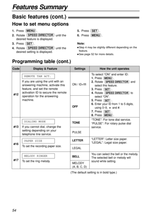 Page 54How to set menu options
1.Press .
2.Rotate until the
desired feature is displayed.
3.Press .
4.Rotate until the
desired setting is displayed.
SPEED DIRECTOR
SET
SPEED DIRECTOR
MENU5.Press .
6.Press .
MENU
SET
Note:
Step 4 may be slightly different depending on the
feature.
See page 52 for more details.
Programming table (cont.)
CodeDisplay & FeatureSettingsHow the unit operates
Features Summary
54
Basic features (cont.)!
ON / ID=11
OFF
#13 #12
If you cannot dial, change the
setting depending on your...