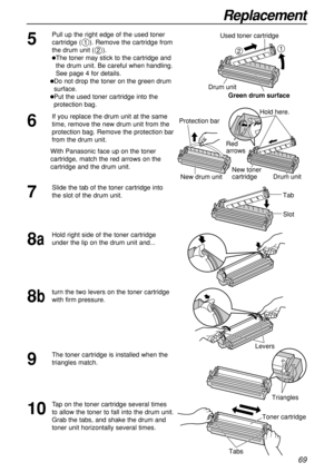 Page 6969
Replacement
6
If you replace the drum unit at the same
time, remove the new drum unit from the
protection bag. Remove the protection bar
from the drum unit.
With Panasonic face up on the toner
cartridge, match the red arrows on the
cartridge and the drum unit.
Used toner cartridge
12
Drum unit
Green drum surface
5
Pull up the right edge of the used toner
cartridge (    ). Remove the cartridge from
the drum unit ( ).
The toner may stick to the cartridge and
the drum unit. Be careful when handling.
See...