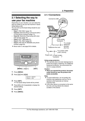 Page 172. Preparation
15
For Fax Advantage assistance, call 1-800-435-7329.
2 Preparatio n 2For Fax Adva nta ge ass ista nce, call 1-80 0-4 35-7329 .
Con nections  a nd  Setup
2.1 Selecting the way to 
use your fax machine
Depending on your situation, you can select the 
way you prefer to use your fax machine in Quick 
Setup feature #00.
You can print out the Quick Setup Guide for your 
assistance.
–Case 1: FAX ONLY (page 16)
–Case 2a: Distinctive Ring (1 phone line with 2 
or more phone numbers) (page 17)...