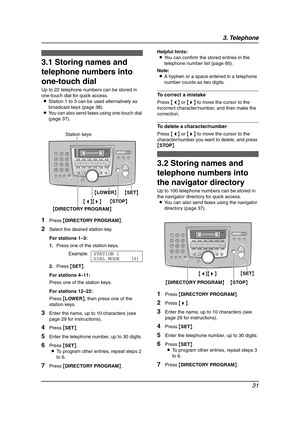 Page 333. Telephone
31
3 Telep hone Automatic Dialing
3.1 Storing names and 
telephone numbers into 
one-touch dial
Up to 22 telephone numbers can be stored in 
one-touch dial for quick access.
LStation 1 to 3 can be used alternatively as 
broadcast keys (page 38).
LYou can also send faxes using one-touch dial 
(page 37).
1Press {DIRECTORY PROGRAM}.
2Select the desired station key.
For stations 1–3:
1.Press one of the station keys.
Example:STATION 1
DIAL MODE [±]
2.Press {SET}.
For stations 4–11:
Press one of...