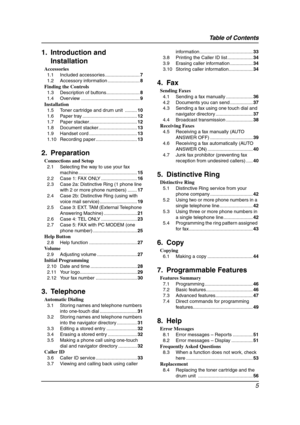 Page 7Table of Contents
5
1.   Ta ble  of  Contents1. Introduction and 
Installation
Accessories
1.1 Included accessories ..........................7
1.2 Accessory information ........................8
Finding the Controls
1.3 Description of buttons.........................8
1.4 Overview ............................................9
Installation
1.5 Toner cartridge and drum unit  .........10
1.6 Paper tray .........................................12
1.7 Paper stacker....................................12
1.8...