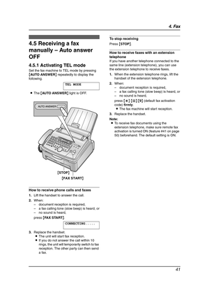 Page 434. Fax
41
Receiving Faxes
4.5 Receiving a fax 
manually – Auto answer 
OFF
4.5.1 Activating TEL mode
Set the fax machine to TEL mode by pressing 
{AUTO ANSWER} repeatedly to display the 
following.
TEL MODE
LThe {AUTO ANSWER} light is OFF.
How to receive phone calls and faxes
1.Lift the handset to answer the call.
2.When:
– document reception is required,
– a fax calling tone (slow beep) is heard, or
– no sound is heard,
press {FAX START}.
CONNECTING.....
3.Replace the handset.
LThe unit will start fax...