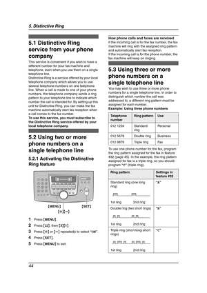 Page 465. Distinctive Ring
44
5 Distinctive Ring Distinctive Ring
5.1 Distinctive Ring 
service from your phone 
company
This service is convenient if you wish to have a 
different number for your fax machine and 
telephone, even when you use them on a single 
telephone line.
Distinctive Ring is a service offered by your local 
telephone company which allows you to use 
several telephone numbers on one telephone 
line. When a call is made to one of your phone 
numbers, the telephone company sends a ring...