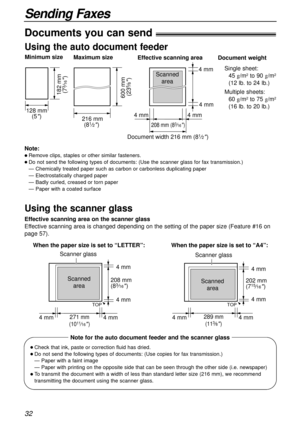Page 3232
Sending Faxes
lCheck that ink, paste or correction fluid has dried.
lDo not send the following types of documents: (Use copies for fax transmission.)
— Paper with a faint image
— Paper with printing on the opposite side that can be seen through the other side (i.e. newspaper)
lTo transmit the document with a width of less than standard letter size (216 mm), we recommend
transmitting the document using the scanner glass.
Using the scanner glass
208 mm 
(83⁄16)
271
 mm
 (1011⁄16) 
4 mm4 mm
Scanned
area...