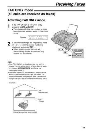 Page 4141
Receiving Faxes
ON
SET
FAX ONLYmode!
(all calls are received as faxes)
1
If the FAX ON light is off, turn it on by
pressing PQ.
l The display will show the number of rings
before the unit answers a call in FAX ONLY
mode.
Display:
2
If you wish to change the ring setting, press
+or -until the desired number is
displayed, and press w.
l When receiving calls, the unit will
automatically answer all calls and only
receive fax documents.PICKUP & RCV FAX
AFTER 3 RINGS[±]
Line 1 
– Phone calls
Line 2 
–...