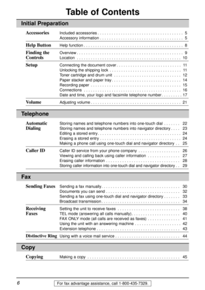 Page 66For fax advantage assistance, call 1-800-435-7329.
Table of Contents
Initial Preparation
AccessoriesIncluded accessories. . . . . . . . . . . . . . . . . . . . . . . . . . . . . . . . . . . . . 5
Accessory information. . . . . . . . . . . . . . . . . . . . . . . . . . . . . . . . . . . . 5
Help ButtonHelp function. . . . . . . . . . . . . . . . . . . . . . . . . . . . . . . . . . . . . . . . . . . 8
Finding the Overview. . . . . . . . . . . . . . . . . . . . . . . . . . . . . . . . . . . . . . . . . . ....