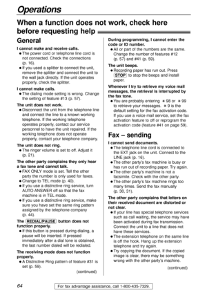 Page 6464
Operations
For fax advantage assistance, call 1-800-435-7329.
When a function does not work, check here 
before requesting help!
General
I cannot make and receive calls.
l The power cord or telephone line cord is
not connected. Check the connections 
(p. 16).
l If you used a splitter to connect the unit,
remove the splitter and connect the unit to
the wall jack directly. If the unit operates
properly, check the splitter.
I cannot make calls.
l The dialing mode setting is wrong. Change
the setting of...