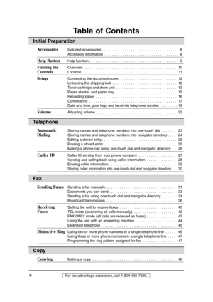 Page 66For fax advantage assistance, call 1-800-435-7329.
Table of Contents
Initial Preparation
AccessoriesIncluded accessories . . . . . . . . . . . . . . . . . . . . . . . . . . . . . . . . . . . . .  8
Accessory information . . . . . . . . . . . . . . . . . . . . . . . . . . . . . . . . . . . .  8
Help ButtonHelp function . . . . . . . . . . . . . . . . . . . . . . . . . . . . . . . . . . . . . . . . . . .  9
Finding the Overview . . . . . . . . . . . . . . . . . . . . . . . . . . . . . . . . . . . . . . ....