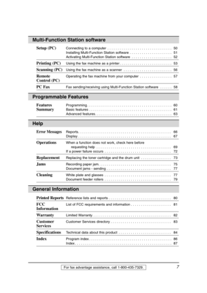 Page 77For fax advantage assistance, call 1-800-435-7329.
Error MessagesReports. . . . . . . . . . . . . . . . . . . . . . . . . . . . . . . . . . . . \
. . . . . . . . . .  66
Display . . . . . . . . . . . . . . . . . . . . . . . . . . . . . . . . . . . . \
. . . . . . . . . .  67
OperationsWhen a function does not work, check here before requesting help . . . . . . . . . . . . . . . . . . . . . . . . . . . . . . . . . . . . \
.  69
If a power failure occurs . . . . . . . . . . . . . . . . . . . . . . . . . ....