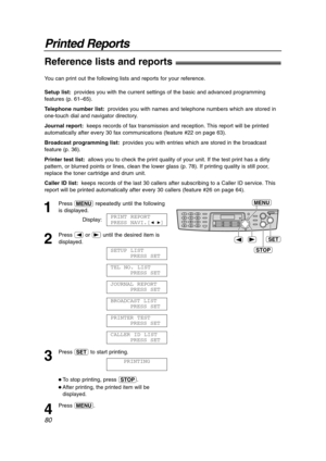 Page 8080
Printed Reports
Reference lists and reports!
STOP
SET
MENU
1
Press prepeatedly until the following
is displayed.
Display:
2
Press (or )until the desired item is
displayed.
3
Press wto start printing.
 To stop printing, press {.
After printing, the printed item will be
displayed.
4
Press p.PRINTING
CALLER ID LIST
PRESS SET
PRINTER TEST
PRESS SET
BROADCAST LIST
PRESS SET
JOURNAL REPORT
PRESS SET
TEL NO. LIST
PRESS SET
SETUP LIST
PRESS SET
PRINT REPORT
PRESS NAVI.[
IH]
You can print out the following...