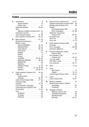 Page 87Index
87
Index!
AAccessories  . . . . . . . . . . . . . . . . . . . .8
(Paper stacker)  . . . . . . . . . . . . . .15
(Paper tray)  . . . . . . . . . . . . . . . . .15
Advanced features  . . . . . . . . . . .63–65
Alert 
(Memory reception) 
(Feature #44) .64
Answering machine  . . . . . . . . . . . . . .44
Auto document feeder  . . . . . . . . .31, 48
Auto reduction (Feature #37)  . . . .42, 64
BBasic features  . . . . . . . . . . . . . . .61, 62
Broadcast transmission  . . . . . . . . . . .36
Buttons /...