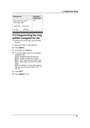 Page 455. Distinctive Ring
43
5.4 Programming the ring 
pattern assigned for fax
LKeep the front cover page open for button 
locations.
1Set feature #430 to “ON” (page 42).
2Press {MENU}.
3Press {#}, then {4}{3}{1}.
4Press {1} to {5} to select the ring pattern 
assigned for fax.
{1}“A”: Standard ring (one long ring)
{2}“B”: Double ring (two short rings)
{3}“C”: Triple ring (short-long-short-rings)
{4}“D”: Other triple ring (short-short-long 
rings)
{5}“B-D” (default): The fax will respond to 
calls with any of...