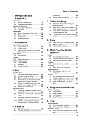 Page 9Table of Contents
7
1.   Ta ble  of  Contents1. Introduction and 
Installation
Accessories
1.1 Included accessories ..........................9
1.2 Accessory information ......................10
Finding the Controls
1.3 Description of buttons.......................10
1.4 Overview ..........................................11
Installation
1.5 Toner cartridge and drum unit ..........13
1.6 Document tray ..................................15
1.7 Output tray ........................................15
1.8...