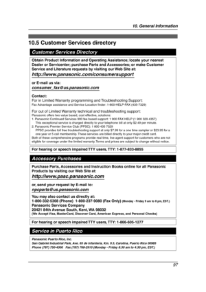 Page 9910. General Information
97
10.5 Customer Services directory
Customer Services Directory
Panasonic Puerto Rico, Inc.  
San Gabriel Industrial Park, Ave. 65 de Infantería, Km. 9.5, Carolina, Puerto Rico 00985
Phone (787) 750-4300   Fax (787) 768-2910 (Monday - Friday 8:30 am to 4:30 pm, EST.)
For hearing or speech impaired TTY users, TTY: 1-877-833-8855
For hearing or speech impaired TTY users, TTY: 1-866-605-1277
Purchase Parts, Accessories and Instruction Books online for all Panasonic 
Products by...