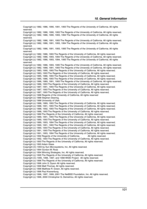 Page 10310. General Information
101
Copyright (c) 1982, 1986, 1990, 1991, 1993 The Regents of the University of California. All rights 
reserved.
Copyright (c) 1982, 1986, 1990, 1993 The Regents of the University of California. All rights reserved.
Copyright (c) 1982, 1986, 1990, 1993, 1994 The Regents of the University of California. All rights 
reserved.
Copyright (c) 1982, 1986, 1991, 1993 The Regents of the University of California. All rights reserved.
Copyright (c) 1982, 1986, 1991, 1993, 1994 The Regents...