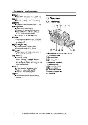 Page 121. Introduction and Installation
10
For assistance, please visit http://www.panasonic.com/consumersupport
P{COPY}
LTo switch to a copy mode (page 21, 43).
Q{SET}
LTo store a setting during programming.
R{SCAN}
LTo switch to a scan mode (page 21, 52).
SNavigator key
LTo adjust volume (page 22).
LTo search for a stored item (page 31).
LTo select features or feature settings 
during programming (page 57).
LTo navigate to the next operation.
T{TONE}
LTo change from pulse to tone temporarily 
during dialing...