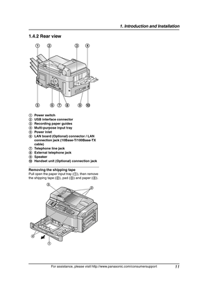 Page 131. Introduction and Installation
11
For assistance, please visit http://www.panasonic.com/consumersupport
1.4.2 Rear view
Removing the shipping tape
Pull open the paper input tray (1), then remove 
the shipping tape (2), pad (3) and paper (4). 1Power switch
2USB interface connector
3Recording paper guides
4Multi-purpose input tray
5Power inlet
6LAN board (Optional) connector / LAN 
connection jack (10Base-T/100Base-TX 
cable)
7Telephone line jack
8External telephone jack
9Speaker
jHandset unit (Optional)...