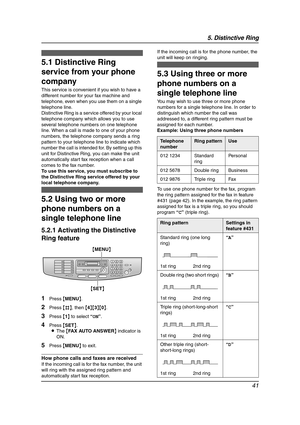 Page 435. Distinctive Ring
41
5 Distinctive Ring Distinctive Ring
5.1 Distinctive Ring 
service from your phone 
company
This service is convenient if you wish to have a 
different number for your fax machine and 
telephone, even when you use them on a single 
telephone line.
Distinctive Ring is a service offered by your local 
telephone company which allows you to use 
several telephone numbers on one telephone 
line. When a call is made to one of your phone 
numbers, the telephone company sends a ring...