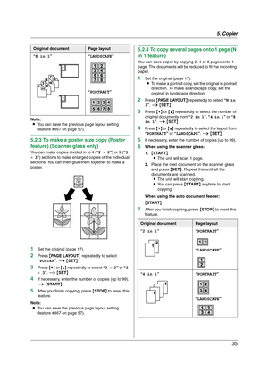 Page 355. Copier
35
Note:
LYou can save the previous page layout setting 
(feature #467 on page 57).
5.2.3 To make a poster size copy (Poster 
feature) (Scanner glass only)
You can make copies divided in to 4 (“2 × 2”) or 9 (“3 
× 3”) sections to make enlarged copies of the individual 
sections. You can then glue them together to make a 
poster.
1Set the original (page 17).
2Press {PA G E  L AYO U T} repeatedly to select 
“POSTER”. i {SET}
3Press {V} or {^} repeatedly to select “2 × 2” or “3 
× 3”. i {SET}
4If...