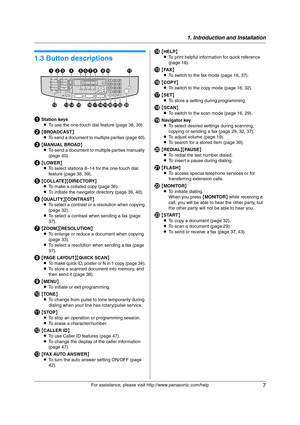 Page 71. Introduction and Installation
7
For assistance, please visit http://www.panasonic.com/help
Finding  the  Con trols
1.3 Button descriptions
AStation keys
LTo use the one-touch dial feature (page 38, 39).
B{BROADCAST}
LTo send a document to multiple parties (page 40).
C{MANUAL BROAD}
LTo send a document to multiple parties manually 
(page 40).
D{LOWER}
LTo select stations 8–14 for the one-touch dial 
feature (page 38, 39).
E{COLLATE}{DIRECTORY}
LTo make a collated copy (page 36).
LTo initiate the...