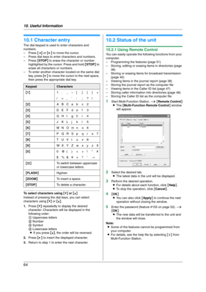 Page 6410. Useful Information
64
10 Useful Information U se ful  In for m at i on
10.1 Character entry
The dial keypad is used to enter characters and 
numbers.
–Press {} to move the cursor.
– Press dial keys to enter characters and numbers.
–Press {STOP} to erase the character or number 
highlighted by the cursor. Press and hold {STOP} to 
erase all characters or numbers.
– To enter another character located on the same dial 
key, press {>} to move the cursor to the next space, 
then press the appropriate dial...