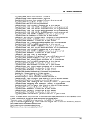 Page 9314. General Information
93
Parts of the NetBSD Kernel are provided with the licenses that are slightly different from the above Berkeley-formed 
license. Please refer the source code of the NetBSD Kernel about the details.
The source code of the NetBSD Kernel is provided by the NetBSD CVS Repositories 
(http://cvsweb.netbsd.org/bsdweb.cgi/), and this product includes parts of the source code in the following directories.
http://cvsweb.netbsd.org/bsdweb.cgi/src/sys/kern/...