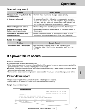 Page 113113
Operations
For assistance, call 1-800-435-7329.
Help
If a power failure occurs!
³The unit will not function.
³Transmission and reception will be interrupted.
³If fax documents are stored in memory, they will be lost. When power is restored, a power down report will be
printed out stating which contents in memory have been erased.
³If delayed transmission is programmed, and the start time passes during a power failure, transmission will be
attempted soon after power is restored.
³If an extension...