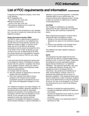 Page 125125
FCC Information
General
Information
List of FCC requirements and information!
If required by the telephone company, inform them
of the following.
³FCC Registration No.:
(found on the rear of the unit)
³Ringer Equivalence No.: 
(found on the rear of the unit)
³The particular telephone line to which the
equipment is connected.
This unit must not be connected to a coin operated
line. If you are on a party line, check with your local
telephone company.
Ringer Equivalence Number (REN):
This REN is useful...