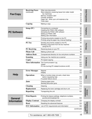 Page 1515For assistance, call 1-800-435-7329.
Initial Preparation
Telephone
Fax/Copy
PC Software
Help
General
Information
Comienzo rápido
en español
Help
Error MessagesReports  . . . . . . . . . . . . . . . . . . . . . . . . . . . . . . . . . . . . . . 105
Display  . . . . . . . . . . . . . . . . . . . . . . . . . . . . . . . . . . . . . . 106
OperationsWhen a function does not work, check here 
before requesting help  . . . . . . . . . . . . . . . . . . . . . . . . . 108
If a power failure occurs  . . . . . ....