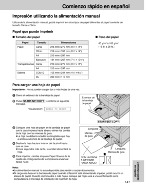 Page 141141
Comienzo rápido en español
Comienzo rápido
en español
Impresión utilizando la alimentación manual
Utilizando la alimentación manual, podrá imprimir en otros tipos de papel diferentes al papel corriente de
tamaño Carta u Oﬁcio.
Papel que puede imprimir
PapelTamañoDimensiones
Para cargar una hoja de papel
Importante:No se pueden cargar dos o más hojas de una vez.
1Cierre el extensor de la bandeja de papel.
2Pulse (START/SET/COPY)y conﬁrme el siguiente
mensaje.
Visualización:
READY TO PRINT
ºPeso del...