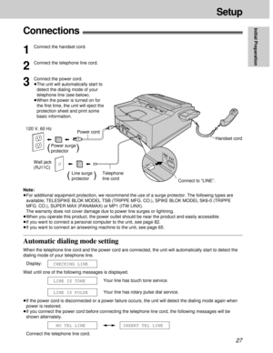 Page 2727
Setup
Initial Preparation
Connections!
Wall jack
(RJ11C)Power cord
Line surge
protector(         )
120 V, 60 Hz
Power surge
protector(          )
Telephone 
line cord
Handset cord
Connect to “LINE”.
Note:
³For additional equipment protection, we recommend the use of a surge protector. The following types are
available; TELESPIKE BLOK MODEL TSB (TRIPPE MFG. CO.), SPIKE BLOK MODEL SK6-0 (TRIPPE
MFG. CO.), SUPER MAX (PANAMAX) or MP1 (ITW LINX).
The warranty does not cover damage due to power line surges...