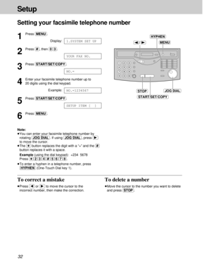 Page 3232
Setup
Setting your facsimile telephone number
1
Press (MENU).
Display:
2
Press (#), then (0)(3).
3
Press (START/SET/COPY).
4
Enter your facsimile telephone number up to
20 digits using the dial keypad.
Example:
5
Press (START/SET/COPY).
6
Press (MENU).
Note:
³You can enter your facsimile telephone number by
rotating (JOG\DIAL). If using (JOG\DIAL), press (ß)
to move the cursor.
³The ($)button replaces the digit with a “+” and the (#)
button replaces it with a space.
³Example (using the dial keypad):...