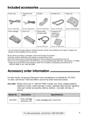 Page 55To order accessories, call toll-free 1-800-332-5368.
Included accessories!
*You will receive the latest software, therefore the part number may be different to the above. However the
software is still compatible with your product.
³If any items are missing or damaged, check with the place of purchase.
³The part numbers listed above are subject to change without notice.
³Save the original carton and packing materials for future shipping and transporting of the unit.
³If your PC is not equipped with a...