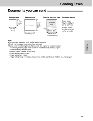 Page 4949
Sending Faxes
Fax/Copy
600 mm 
(23
5⁄8w)
Paper width Minimum size 
140 mm
(5.5w)
128 mm
(5w)
Maximum size
216 mm (8
1⁄2w)
208 mm (83⁄16w)
Effective scanning area
 4 mmScanned
area
216 mm (81⁄2w)
Single sheet:
45 
g/m2to 90 g/m2
(12 lb. to 24 lb.)
Multiple sheets:
60 
g/m2to 75g/m2
(16 lb. to 20 lb.)
Document weight
Note:
³Remove clips, staples or other similar fastening objects.
³Check that ink, paste or correction ﬂuid has dried.
³Do not send the following types of document. Use copies for fax...