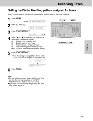 Page 6969
Setting the Distinctive Ring pattern assigned for faxes
Select the ring pattern of the facsimile number that is assigned by your telephone company.
1
Press (MENU).
Display:
2
Press (#), then (3)(1).
3
Press (START/SET/COPY).
4
Press  or  to select the ring pattern to be
assigned to the facsimile number.
A:Standard ring (one long ring)
B:Double ring (two short rings)
C:Triple ring (short-long-short rings)
D:Other triple ring (short-short-long rings)
OFF:Turns off the feature (pre-selected setting).
5...