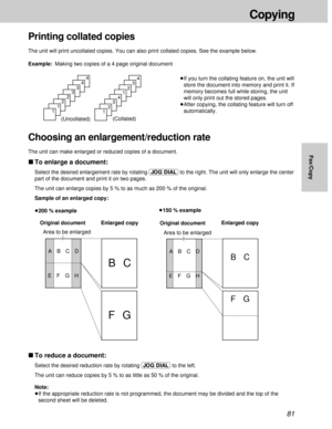 Page 8181
Choosing an enlargement/reduction rate
The unit can make enlarged or reduced copies of a document.
ºTo enlarge a document:
Select the desired enlargement rate by rotating (JOG\DIAL)to the right. The unit will only enlarge the center
part of the document and print it on two pages.
The unit can enlarge copies by 5 % to as much as 200 % of the original.
Sample of an enlarged copy:
Original document
Area to be enlargedEnlarged copy
Original documentEnlarged copy
BC
FG
ABCD
EFGHABCD
EFGH
BC
FG
Area to be...