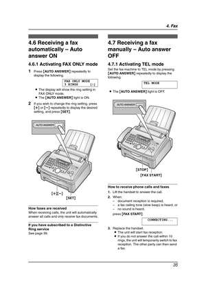 Page 374. Fax
35
4.6 Receiving a fax 
automatically – Auto 
answer ON
4.6.1 Activating FAX ONLY mode
1Press {AUTO ANSWER} repeatedly to 
display the following.
FAX ONLY MODE
3 RINGS [±]
LThe display will show the ring setting in 
FAX ONLY mode.
LThe {AUTO ANSWER} light is ON.
2If you wish to change the ring setting, press 
{A} or {B} repeatedly to display the desired 
setting, and press {SET}.
How faxes are received
When receiving calls, the unit will automatically 
answer all calls and only receive fax...