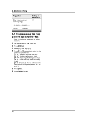 Page 425. Distinctive Ring
40
5.4 Programming the ring 
pattern assigned for fax
LKeep the front cover page open for button 
locations.
1Set feature #430 to “ON” (page 39).
2Press {MENU}.
3Press {#}, then {4}{3}{1}.
4Press {1} to {5} repeatedly to select the ring 
pattern assigned for fax.
{1} “A”: Standard ring (one long ring)
{2} “B”: Double ring (two short rings)
{3} “C”: Triple ring (short-long-short-rings)
{4} “D”: Other triple ring (short-short-long 
rings)
{5} “B-D” (default): The fax will respond to...