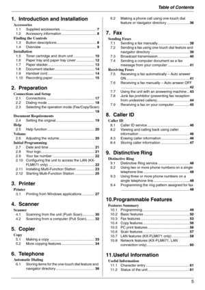 Page 5Table of Contents
5
1.  Ta ble of Contents1. Introduction and Installation
Accessories
1.1 Supplied accessories ....................................7
1.2 Accessory information ...................................8
Finding the Controls
1.3 Button descriptions ........................................8
1.4 Overview .......................................................9
Installation
1.5 Toner cartridge and drum unit .....................10
1.6 Paper tray and paper tray cover ..................12
1.7 Paper...