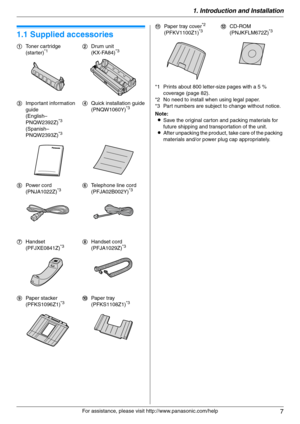 Page 71. Introduction and Installation
7
For assistance, please visit http://www.panasonic.com/help
1 Introdu ctio n and Installa tion 1For a ssistanc e, plea se visit http://www.p ana sonic.co m/he lp
Acc ess orie s
1.1 Supplied accessories
*1 Prints about 800 letter-size pages with a 5 % 
coverage (page 82).
*2 No need to install when using legal paper.
*3 Part numbers are subject to change without notice.
Note:
LSave the original carton and packing materials for 
future shipping and transportation of the...