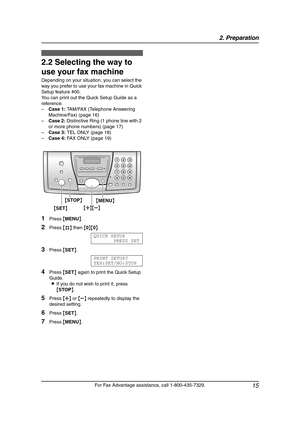 Page 172. Preparation
15
For Fax Advantage assistance, call 1-800-435-7329.
2.2 Selecting the way to 
use your fax machine
Depending on your situation, you can select the 
way you prefer to use your fax machine in Quick 
Setup feature #00.
You can print out the Quick Setup Guide as a 
reference.
–Case 1: TAM/FAX (Telephone Answering 
Machine/Fax) (page 16)
–Case 2: Distinctive Ring (1 phone line with 2 
or more phone numbers) (page 17)
–Case 3: TEL ONLY (page 18)
–Case 4: FAX ONLY (page 19)
1Press {MENU}....